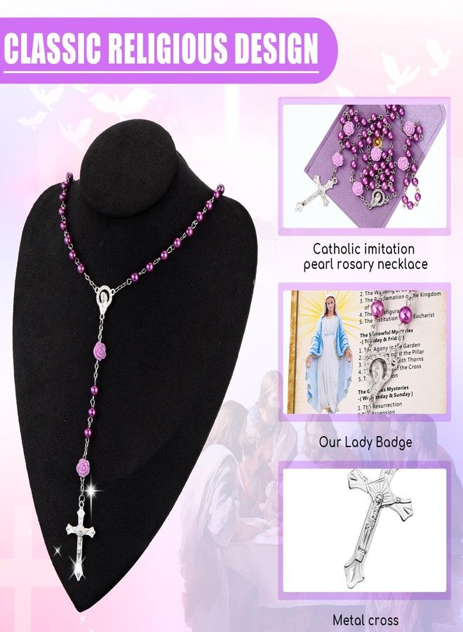 Quelay Rosary for Women Catholic Gifts Our Lady of Rosary Beads Pray Card Necklace Confirmation Gifts(Purple,Rose) - Image 3
